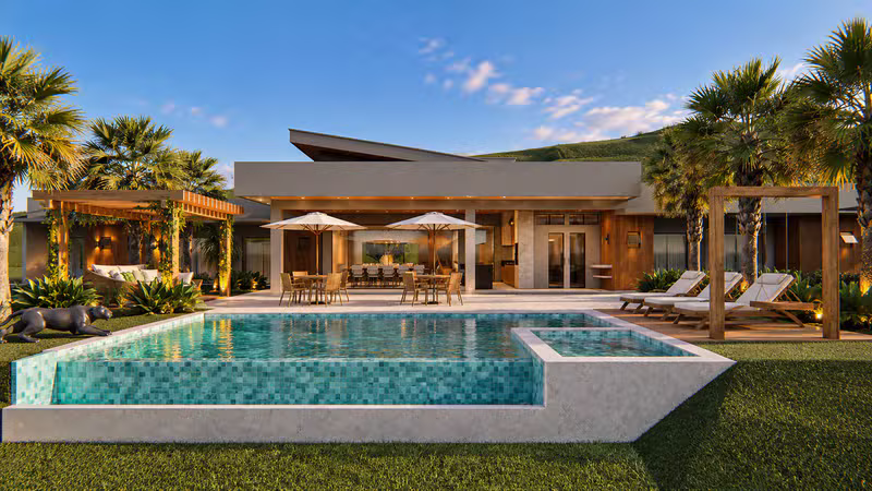 Villa tropical moderna com piscina e área de convívio integrada ao paisagismo