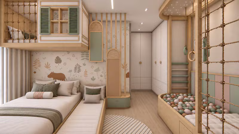 Quarto infantil com brinquedoteca, bicama, rede de escalada e parede lúdica com estampa de animais