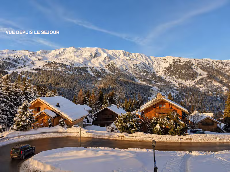 Vue sur les chalets enneigés et les montagnes depuis le séjour de l'appartement à Méribel