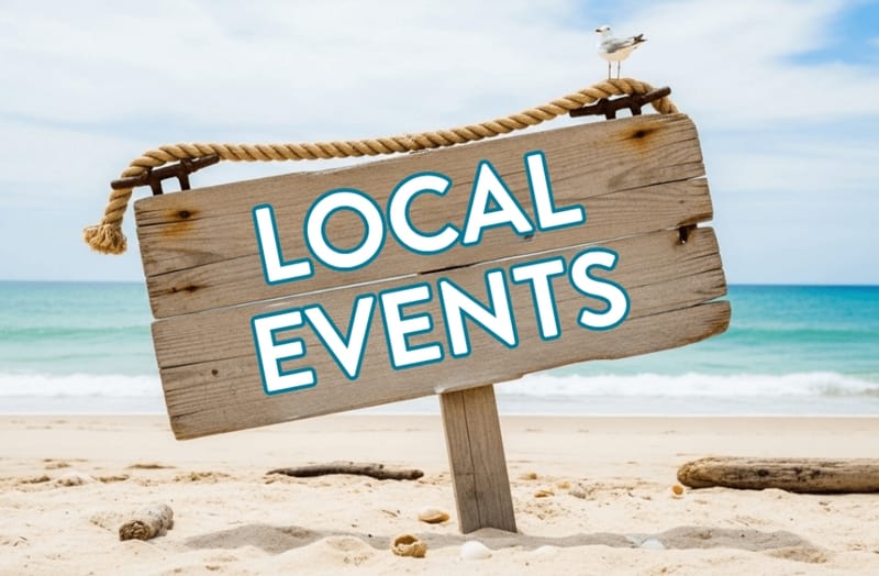 Residents chatting beside a community events noticeboard
