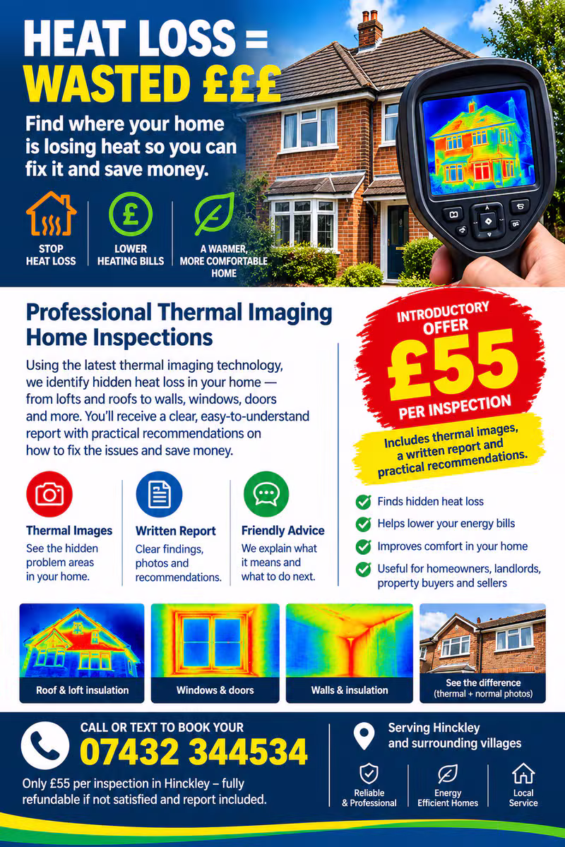 Home heat loss advert: heat loss equals wasted money, with a thermal image of a home, the introductory inspection offer, example thermal photos and the booking hotline 0743 234 4534.