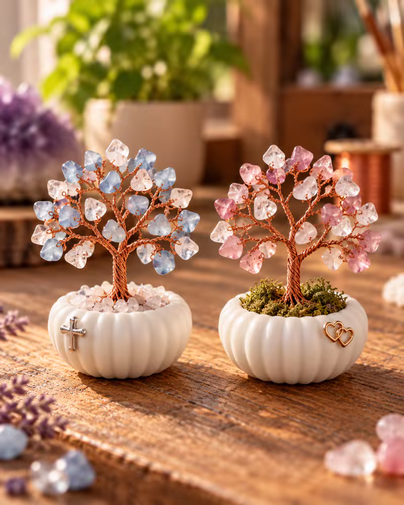 Dos mini arbolitos de la vida sobre una mesa de madera: uno con piedras celestes y dije de cruz, otro con piedras rosadas y dije de corazones, en macetas blancas acanaladas