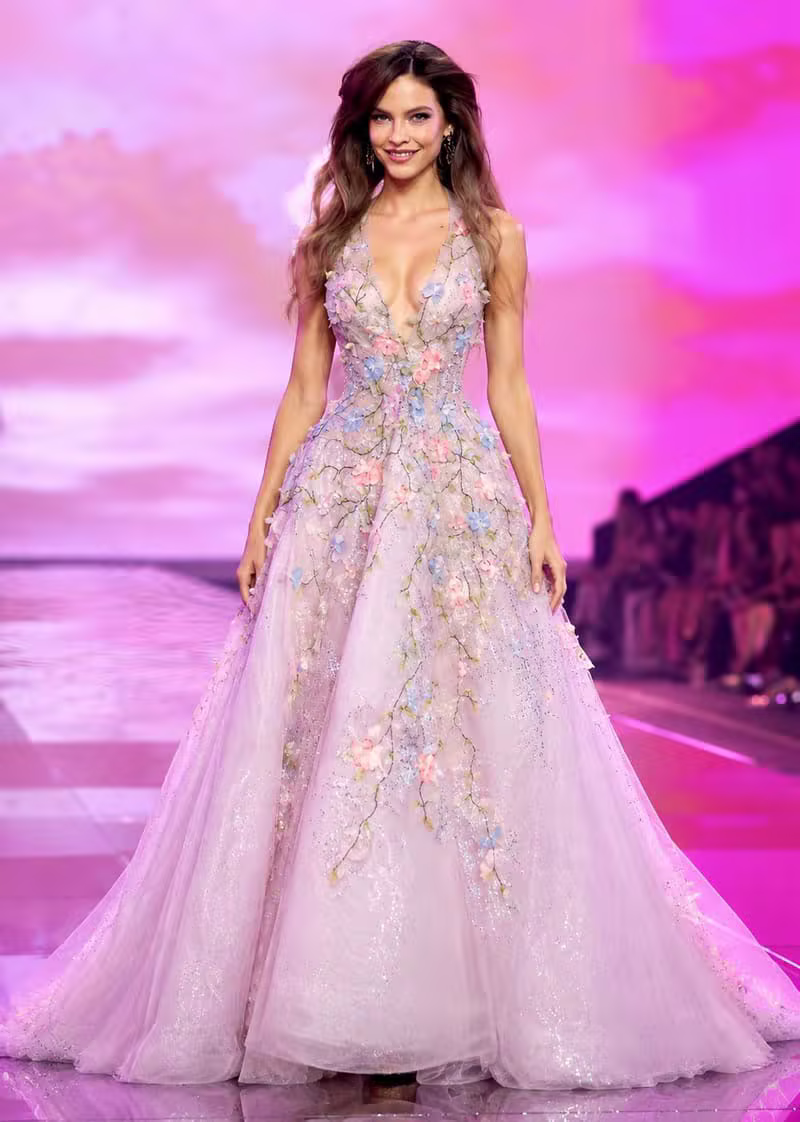 Blush Royale collection pink floral deep v gown look three