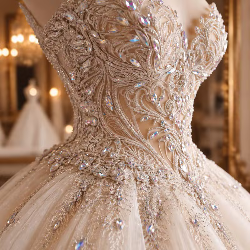 Ivoire Royale collection crystal beadwork and lace embroidery bodice detail