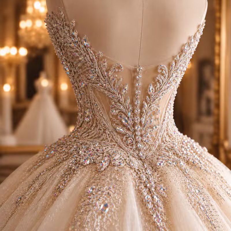 Ivoire Royale collection crystal beadwork and invisible zipper back detail