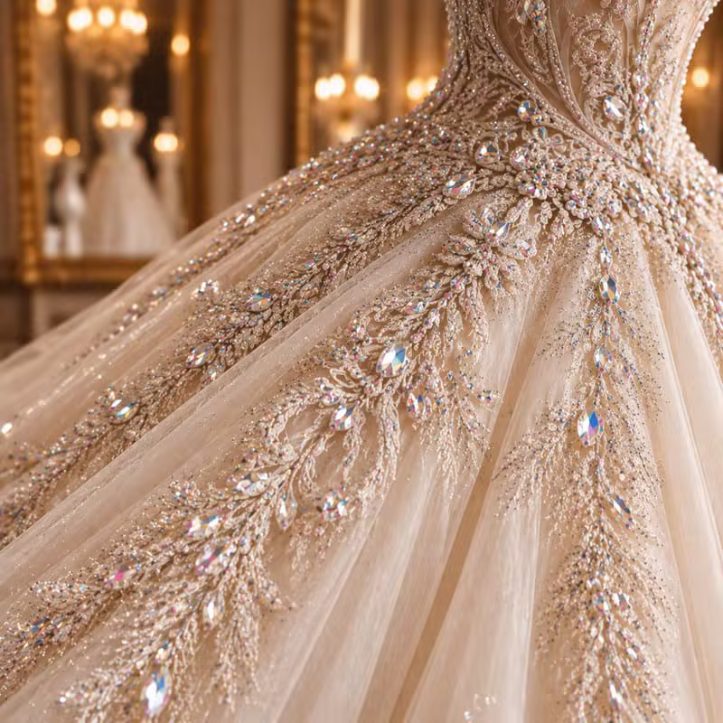 Ivoire Royale collection layered beadwork and rhinestone hem detail