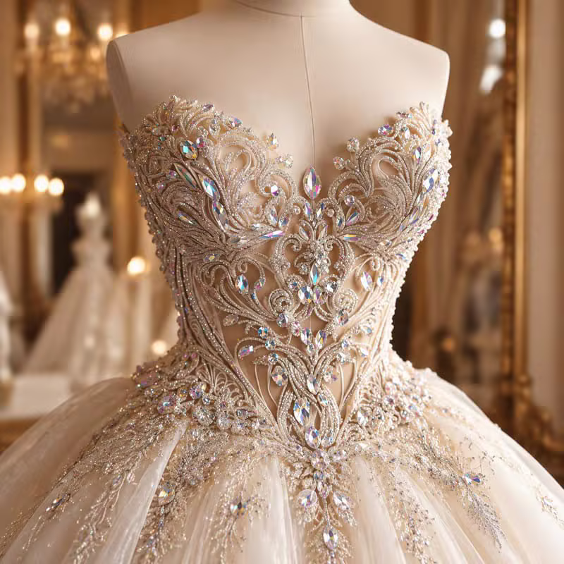 Ivoire Royale collection heart neckline crystal beadwork bodice detail