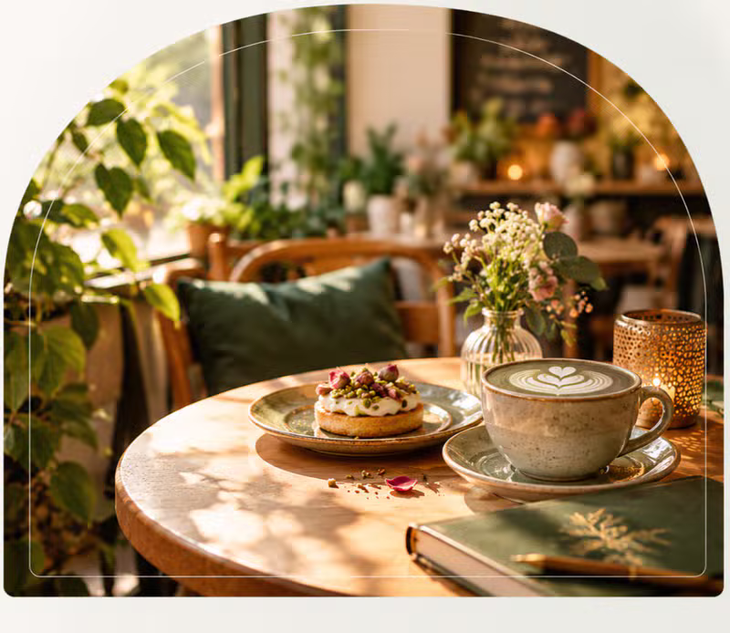 Varm och inbjudande cafémiljö med te, kaffe, blommor och böcker på Pershia Café