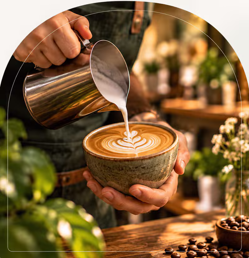 Barista som häller latte art i en keramikkopp på Pershia Café