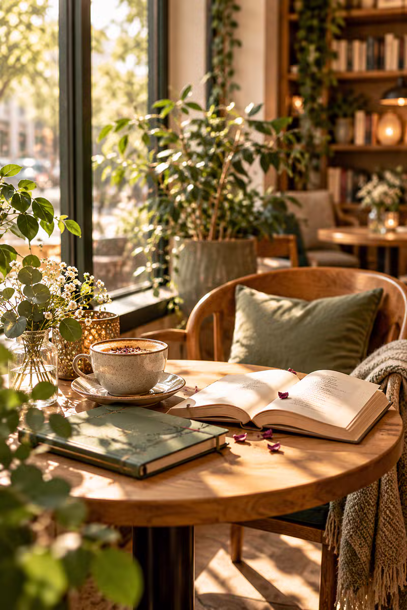 Solbelyst hörn på Pershia Café med öppen bok, kaffe och gröna växter i fönstret