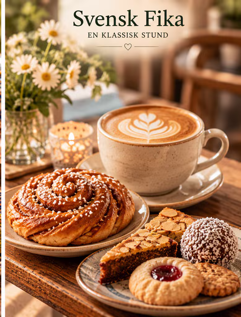 Svensk fika med kaffe i kopp med latte art, kanelbulle, chokladkaka med mandel, hallonsyltkaka och chokladboll på ett dukat träbord med blommor