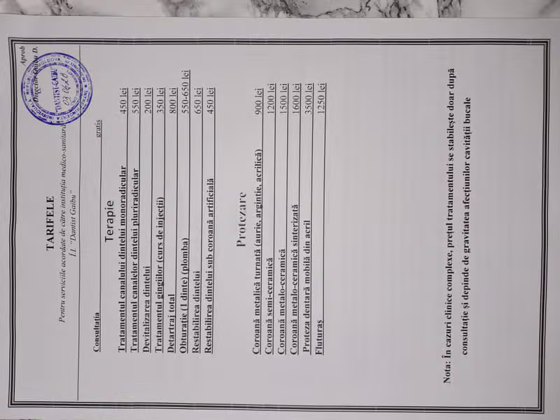 Lista de prețuri pentru tratamentele stomatologice la cabinetul Dr. Gaibu Dumitru din Ungheni