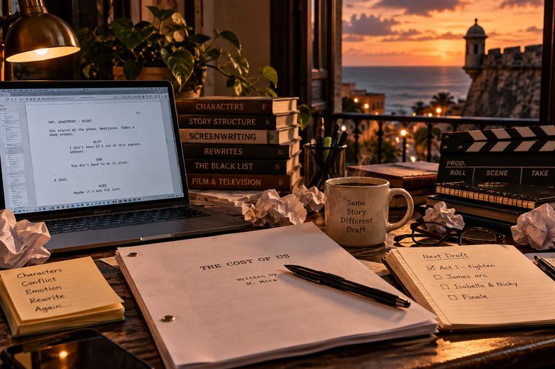 A writer's notebook, pen, and coffee on a desk