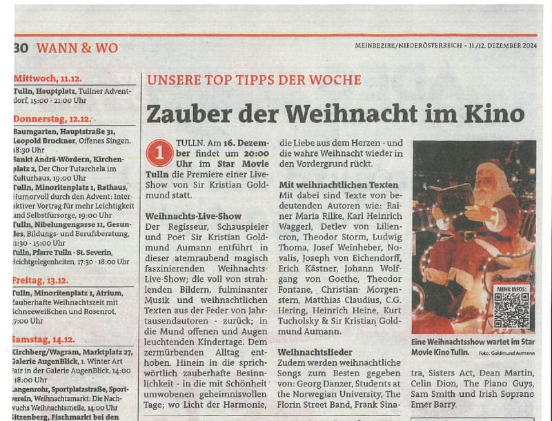 BEZIRKSBLÄTTER NÖ / TOP TIPP DER WOCHE / Zauber der Weihnacht im Kino
