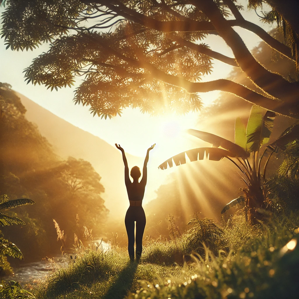 Person standing outdoors at sunrise with arms stretched upward in gratitude, surrounded by lush greenery and soft golden light, symbolizing strength, resilience, and connection with the body and nature