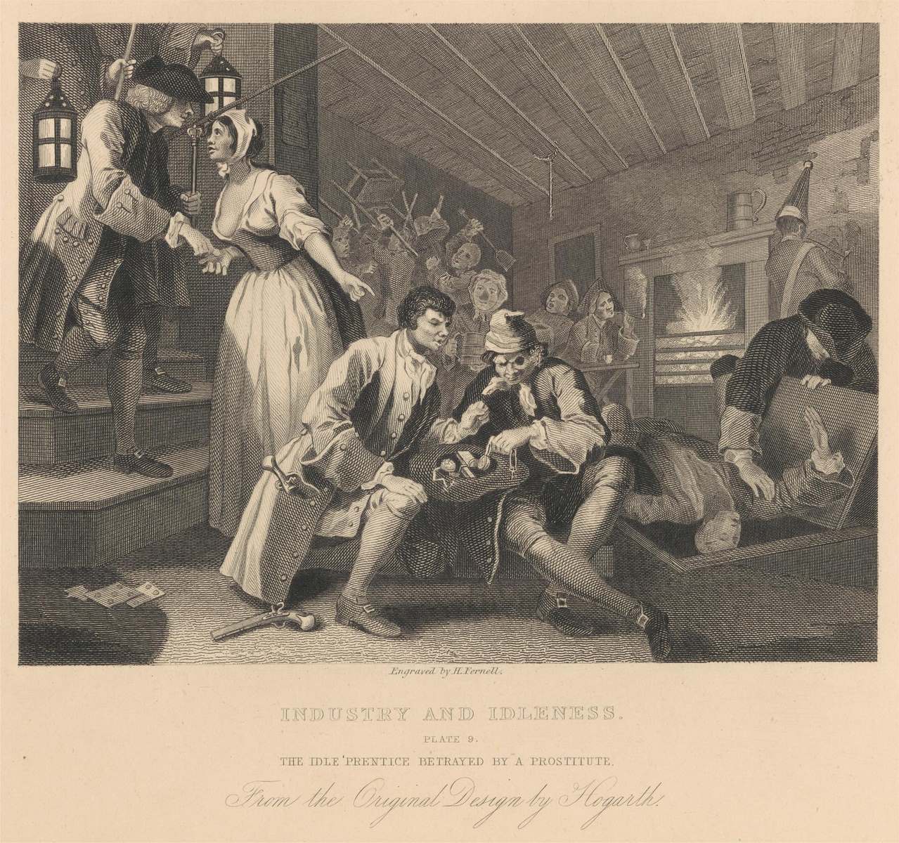 Industry and Idleness, Plate IX, The Idle ^Prentice Betrayed by a Prostitute