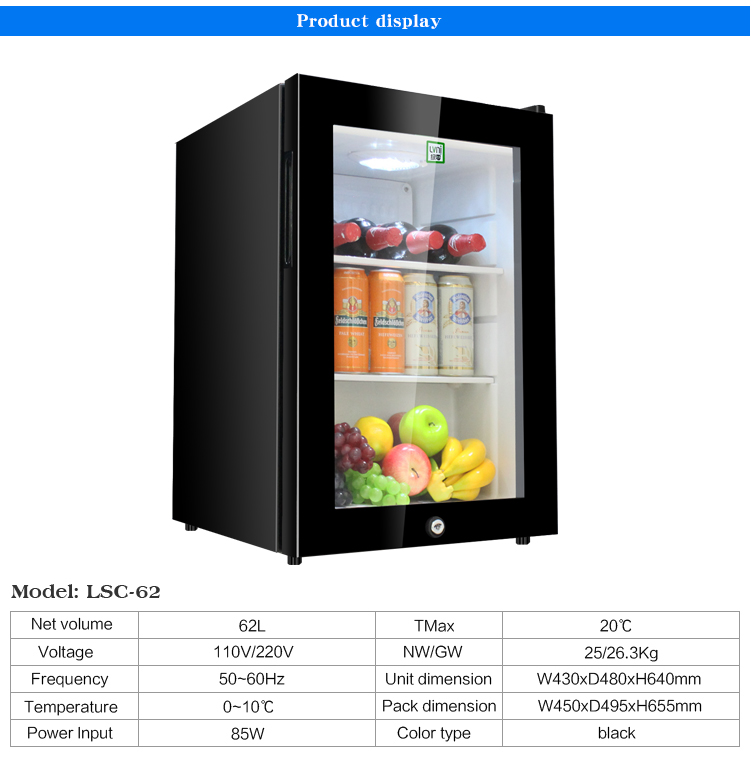 Factory Wholesale Portable 62L Mini Bar Fridge Glass Door Small Fridge With Lock