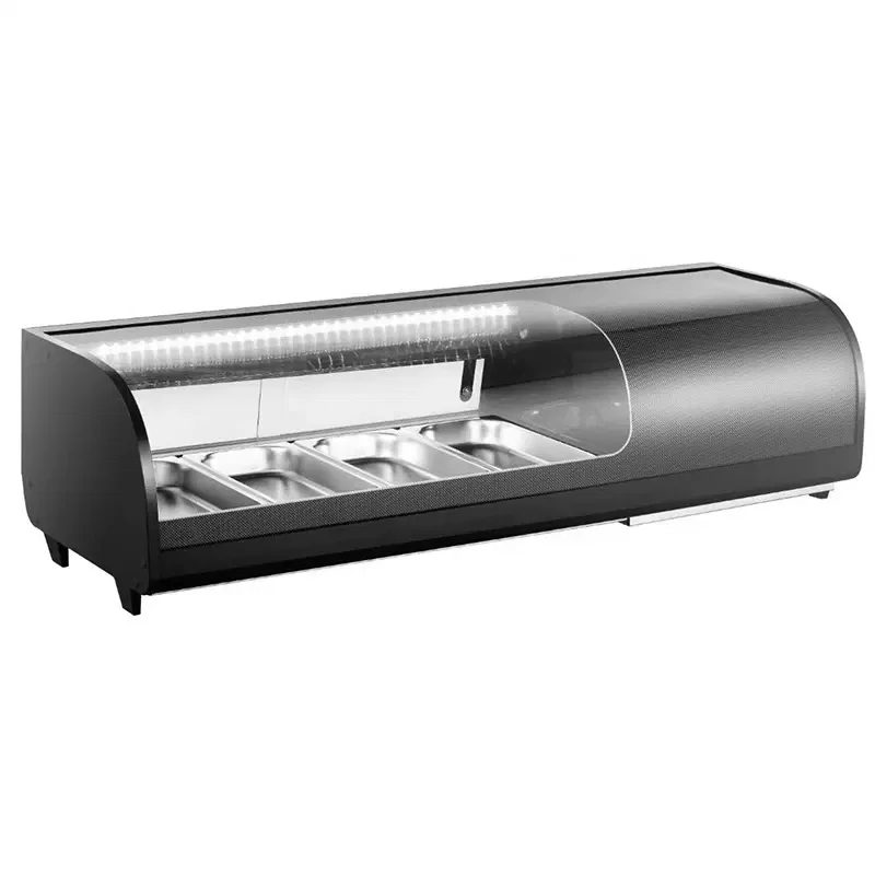 Different types of sushi require different temperatures in commercial sushi display cases.