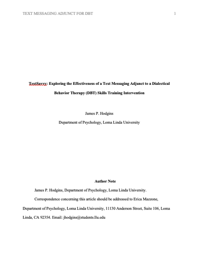 TextSavvy: Exploring the Effectiveness of a Text Messaging Adjunct to a Dialectical Behavior Therapy (DBT) Skills Training Intervention