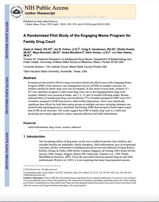 A randomized pilot study of the engaging moms program for family drug court.
