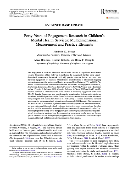 Forty years of Engagement Research in Children’s Mental Health Services:  Multidimensional Measurement and Practice Elements.