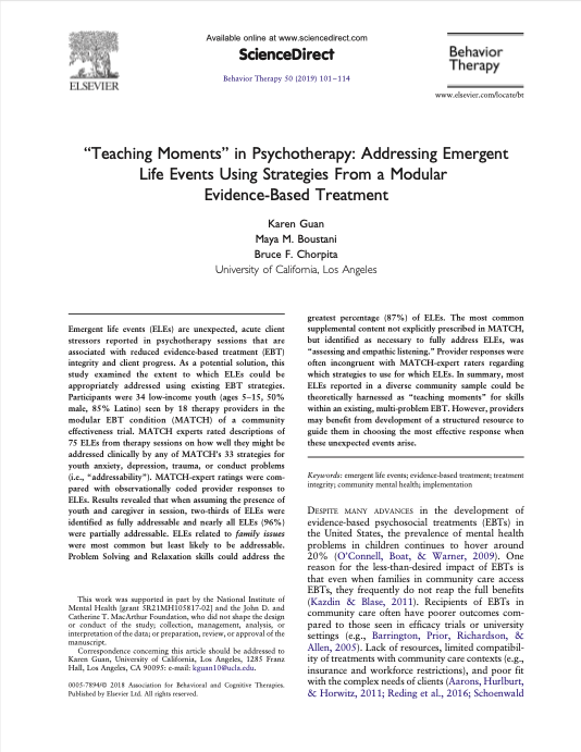 “Teaching Moments” in Psychotherapy: Addressing Emergent Life Events Using Strategies From a Modular Evidence-Based Treatment