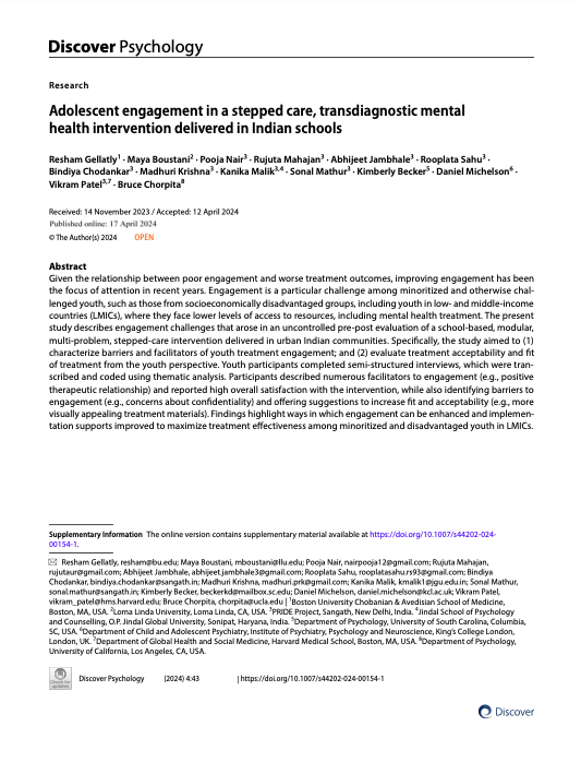 Adolescent engagement in a stepped care, transdiagnostic mental health intervention delivered in Indian schools