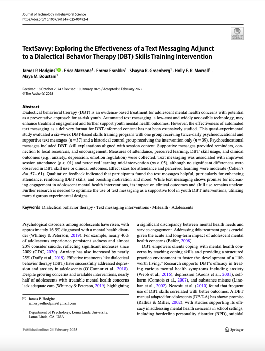 TextSavvy: Exploring the effectiveness of a text messaging adjunct to a dialectical behavior therapy (DBT) skills training intervention