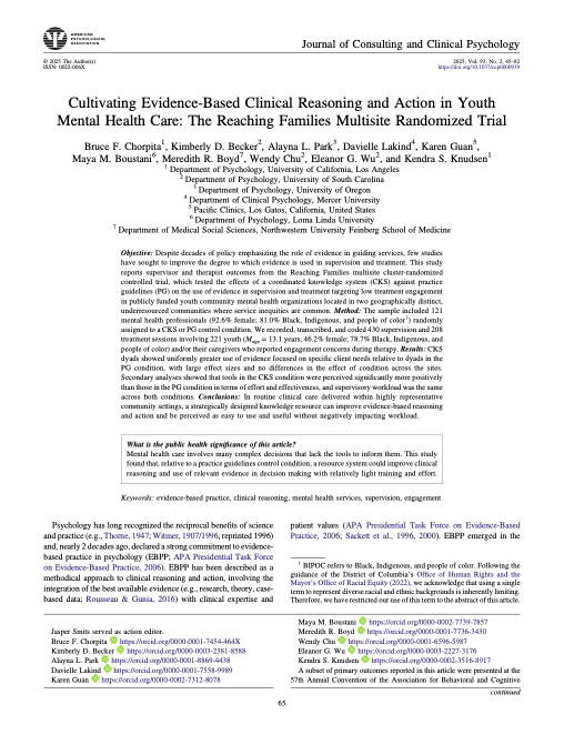 Cultivating Evidence-Based Clinical Reasoning and Action in Youth Mental Health Care: The Reaching Families Multisite Randomized Trial