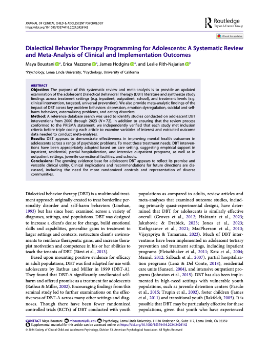 Dialectical Behavior Therapy Programming for Adolescents: A Systematic Review and Meta-Analysis of Clinical and Implementation Outcomes