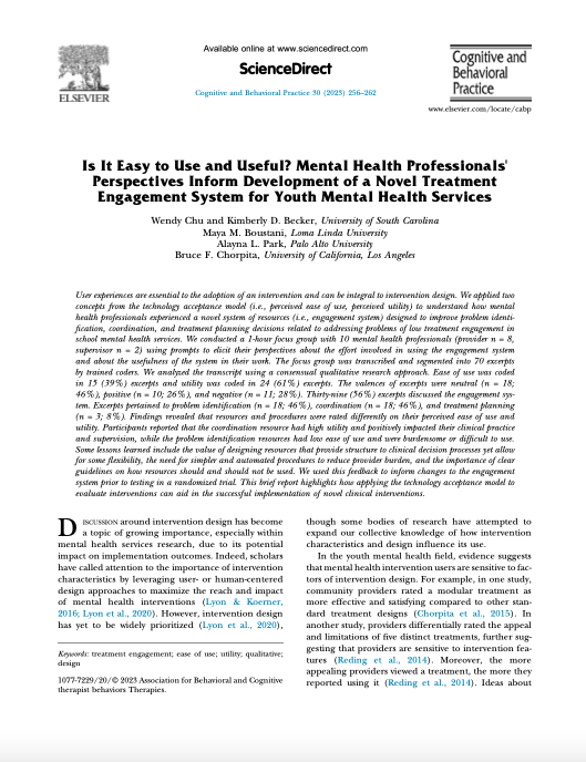 Is It Easy to Use and Useful? Mental Health Professionals' Perspectives Inform Development of a Novel Treatment Engagement System for Youth Mental Health Services