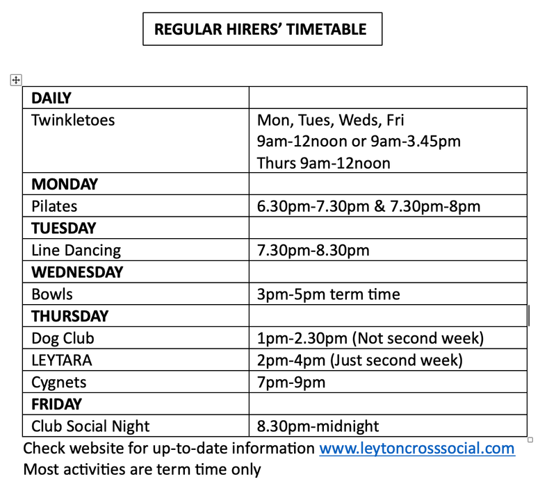 Regular hirers timetable