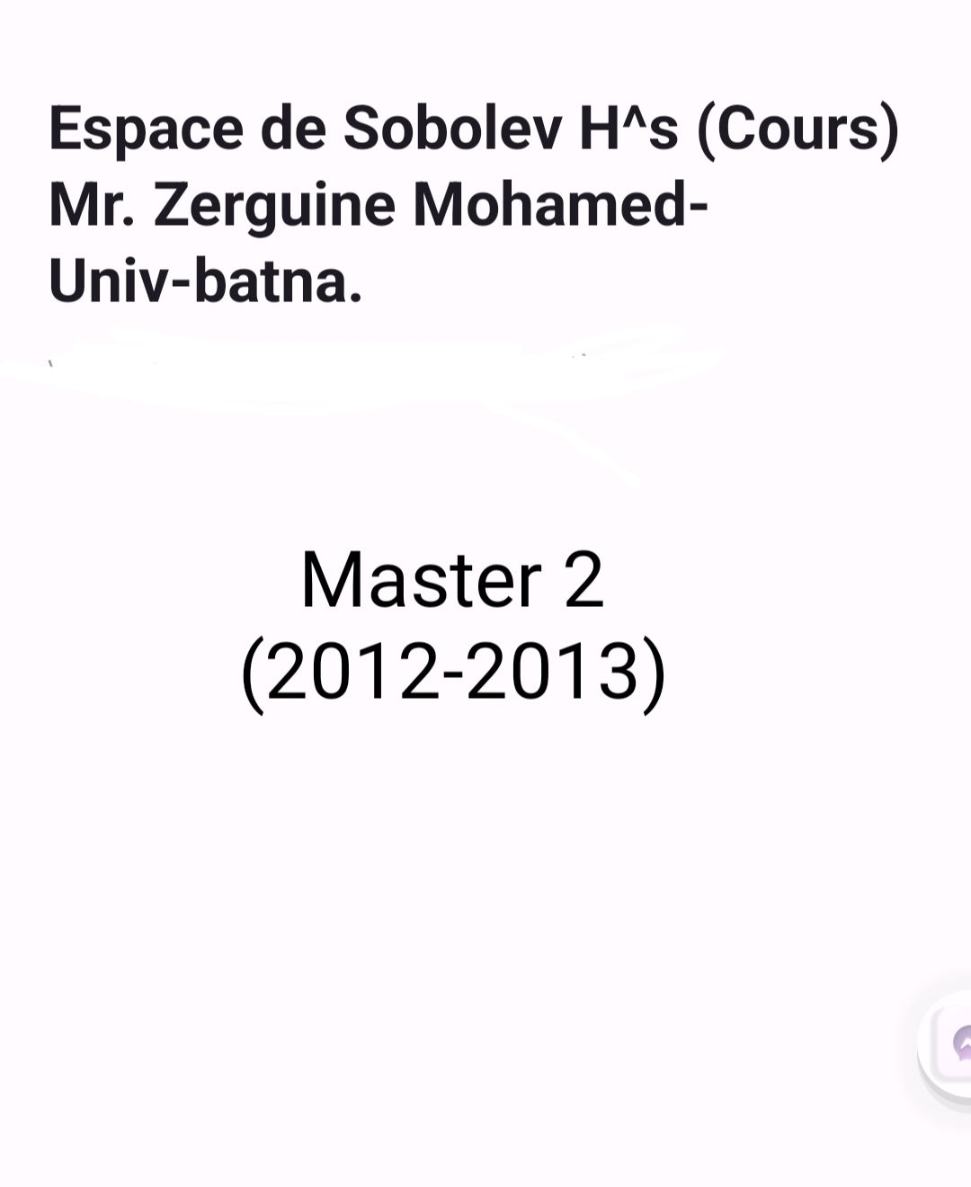 Cours et TD Espace de Sobolev H^s (Université de Batna) Mr. Zerguine (Master 2 :2012-2013)