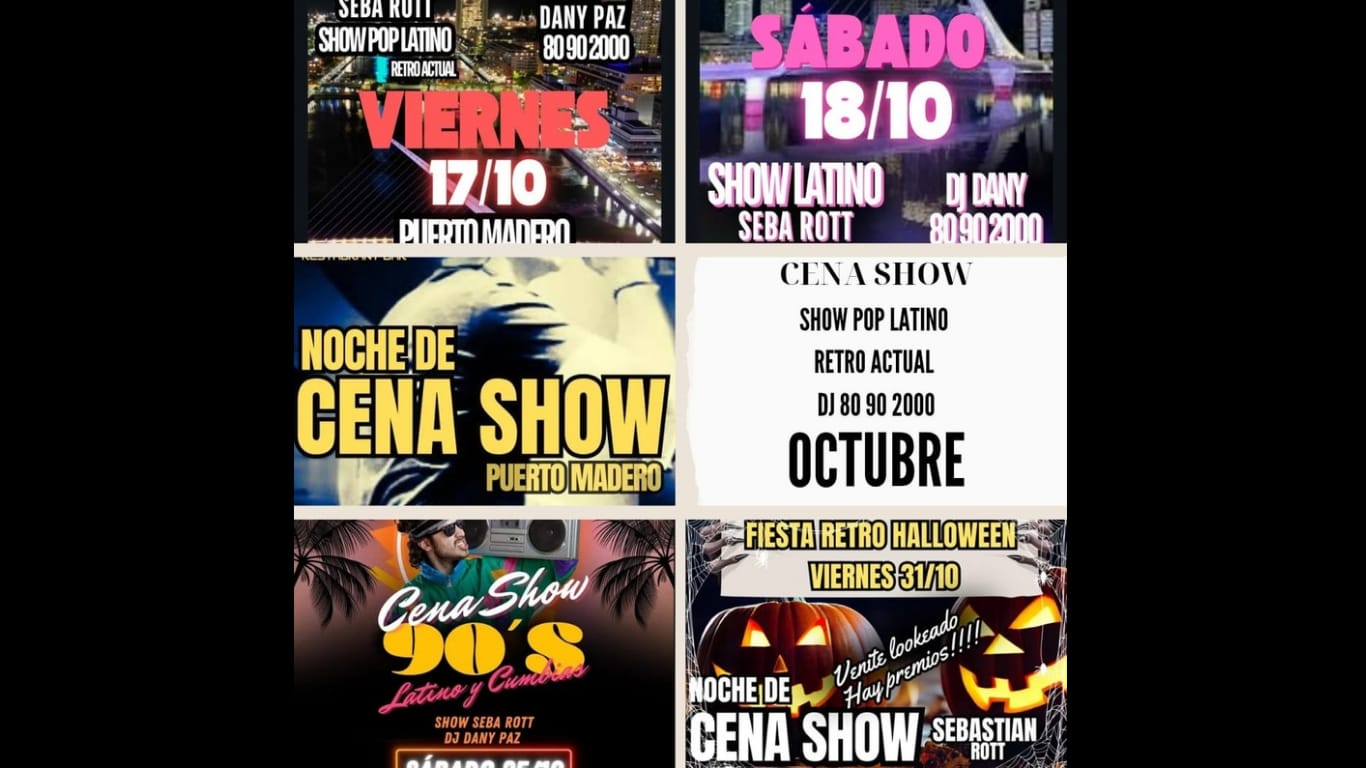 OCTUBRE PRÓXIMAS FECHAS CENA SHOW POP LATINO y TRIBUTOS en PUERTO MADERO