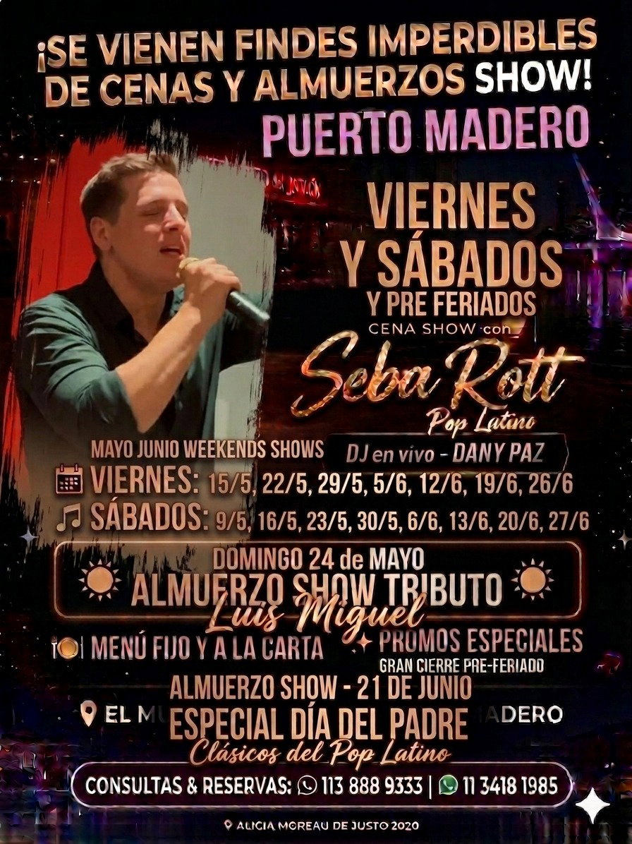 CENA SHOW POP LATINO y TRIBUTOS 🥂💃 VIERNES SABADOS MAYO JUNIO