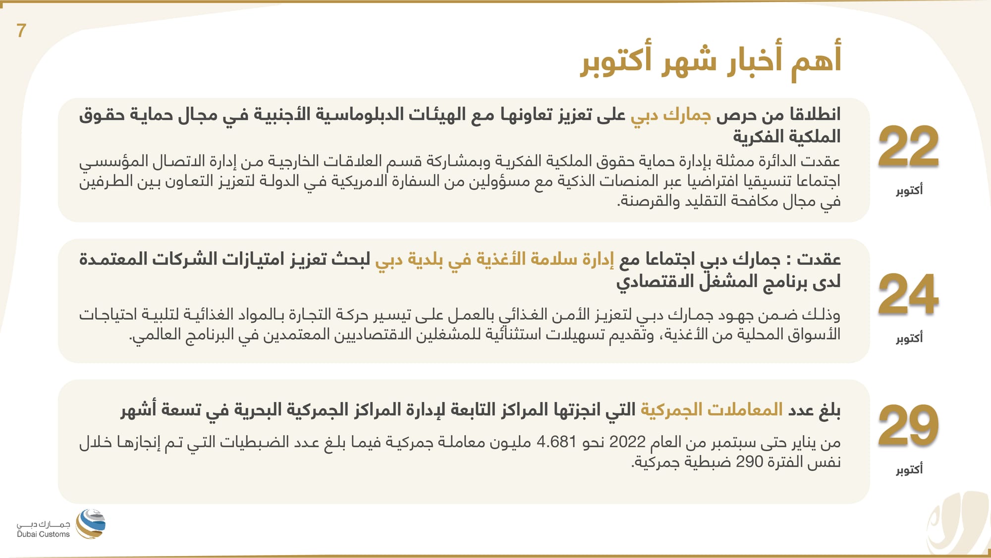 تقرير جمارك دبي أكتوبر 2022