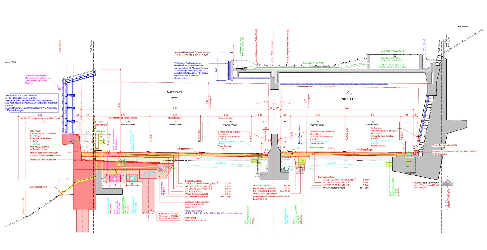 Querschnitt Stützkonstruktion auf Ortbetonbohrpfählen mit Lärmschutzwand (CAD BIM-Software Allplan Engineering)