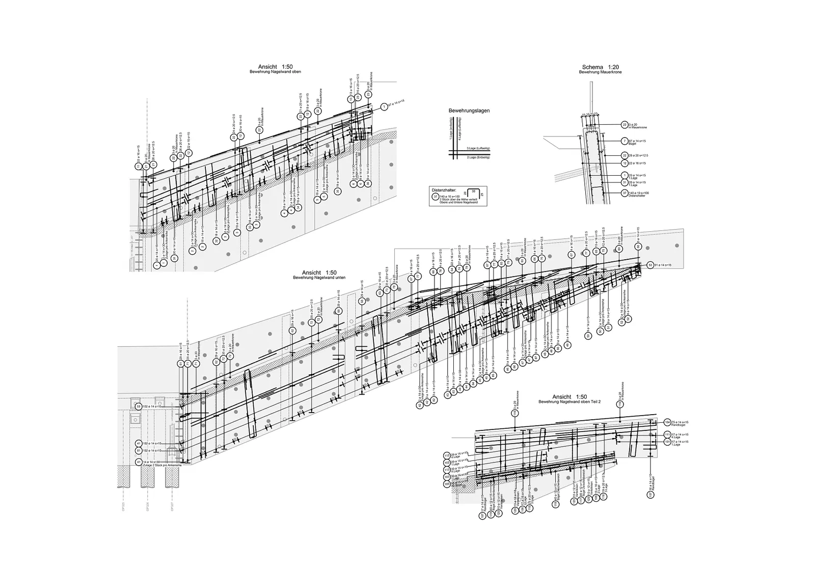 Projektierung und Konstruktion modellbasiert, konventionelle Pläne für die Baustelle, Bewehrung Stützmauer CAD BIM-Software Allplan