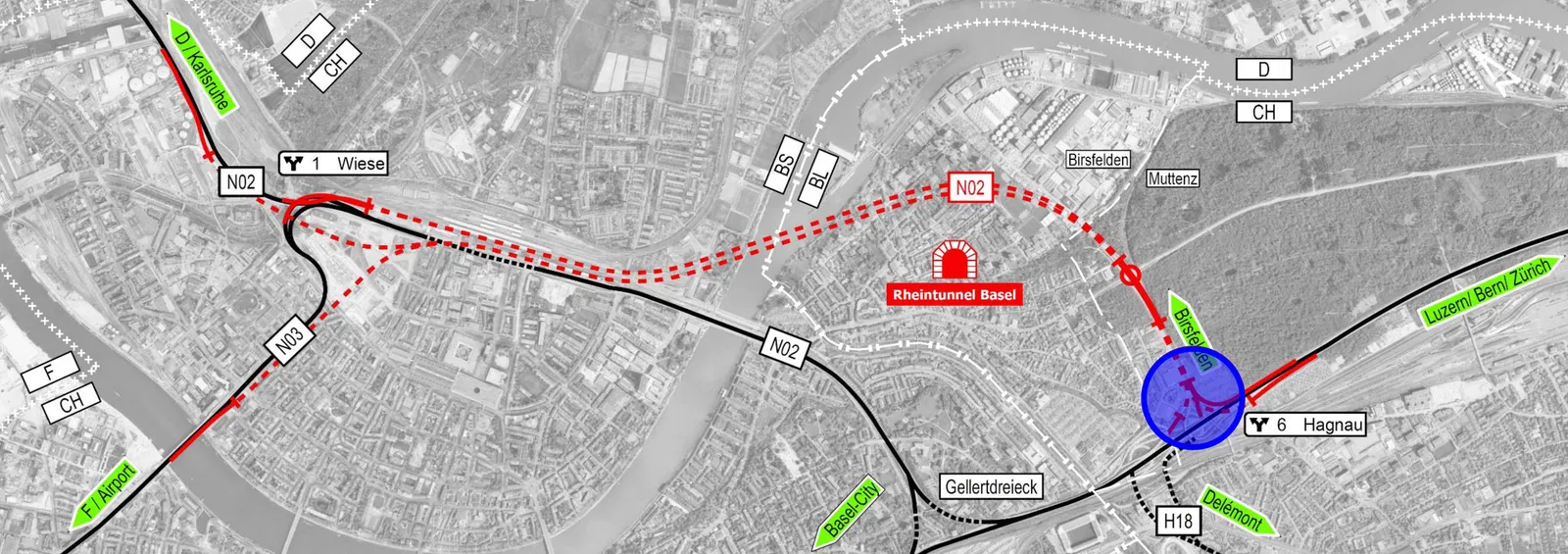 Situation Rheintunnel Basel, Überführung der Hafenbahn an der Verzweigung Hagnau (blauer Kreis)