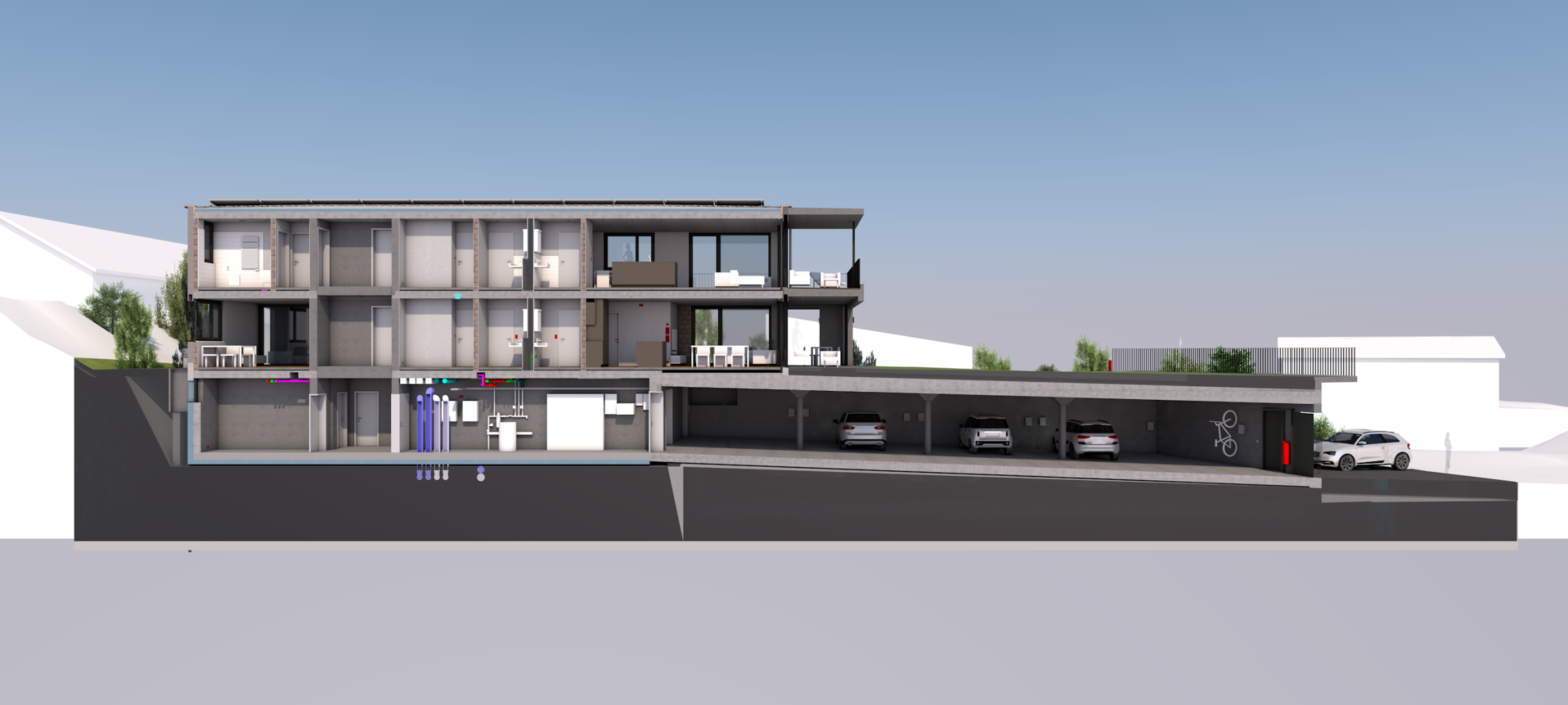 3D-Modell Längsschnitt Gebäude mit Tiefgarage (CAD/BIM-Software ALLPLAN)