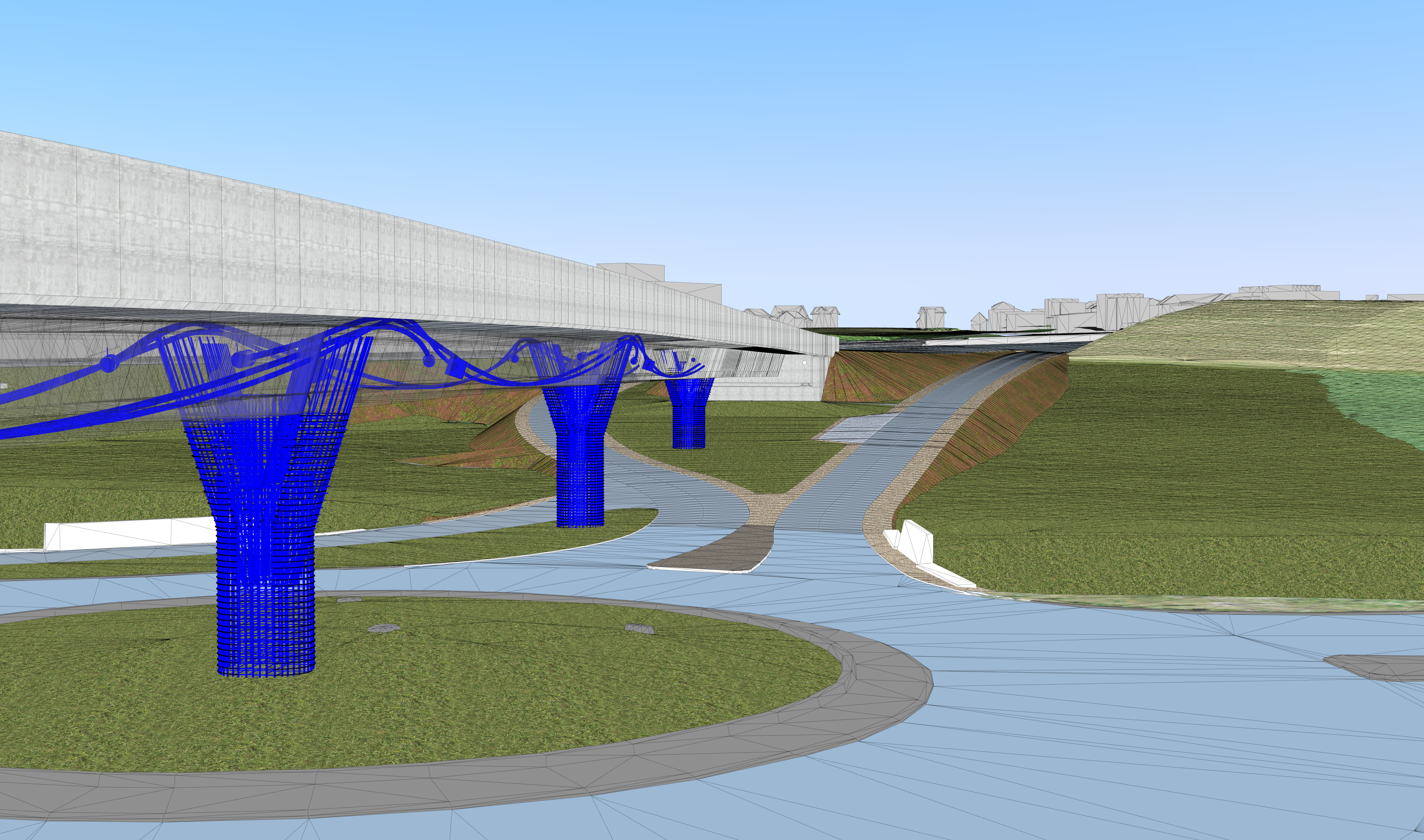 3D-Modell Brücke Gibelfeld mit Vorspannung und Armierung; Querschnitt Brückenpfeiler (CAD/BIM-Software ALLPLAN)