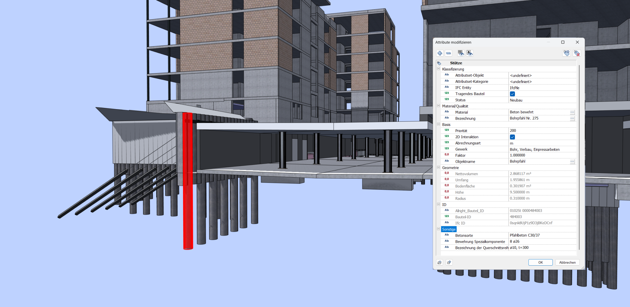 Schnitt 3D-BIM-Modell mit Attributen (CAD/BIM-Software ALLPLAN)