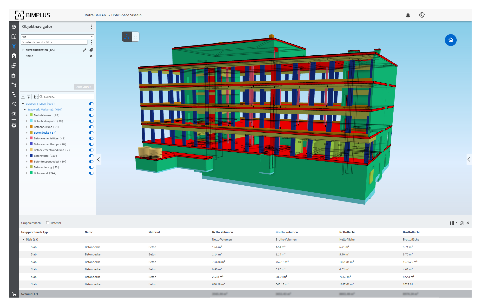 BIM-Modell mit Auswertung nach Betonbauteilen (CDE-Plattform BIMPLUS)