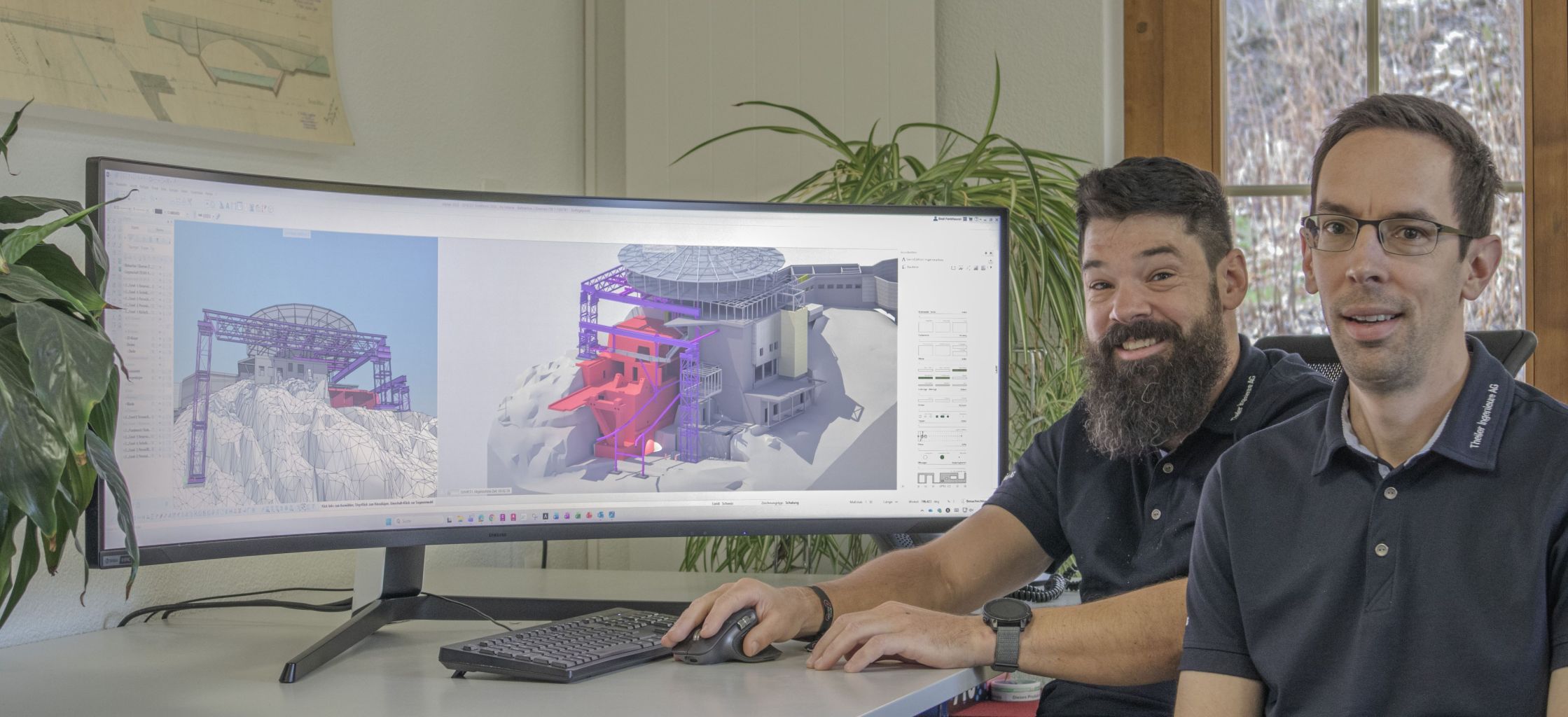 Beat Fankhauser, Konstrukteur und Joel Schwab, Bauingenieur; Theiler Ingenieure AG. Auf dem Bildschirm Modell Piz Gloria - Bauphase Spur 3.1 (CAD/BIM-Software ALLPLAN); Foto: Theiler Ingenieure AG