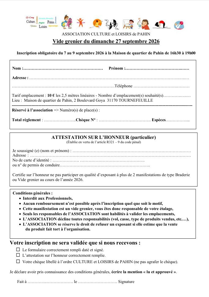 Fiche d'inscription vide grenier 2026 à télécharger, compléter et à remettre lors des journées d'inscription