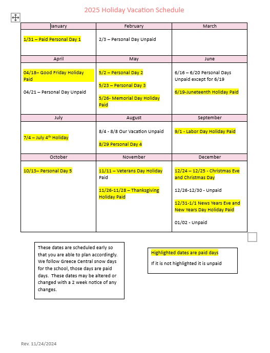 2025 HOLIDAY VACATION SCHEDULE