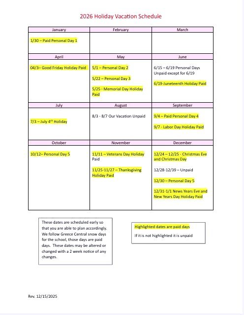 2025 HOLIDAY VACATION SCHEDULE