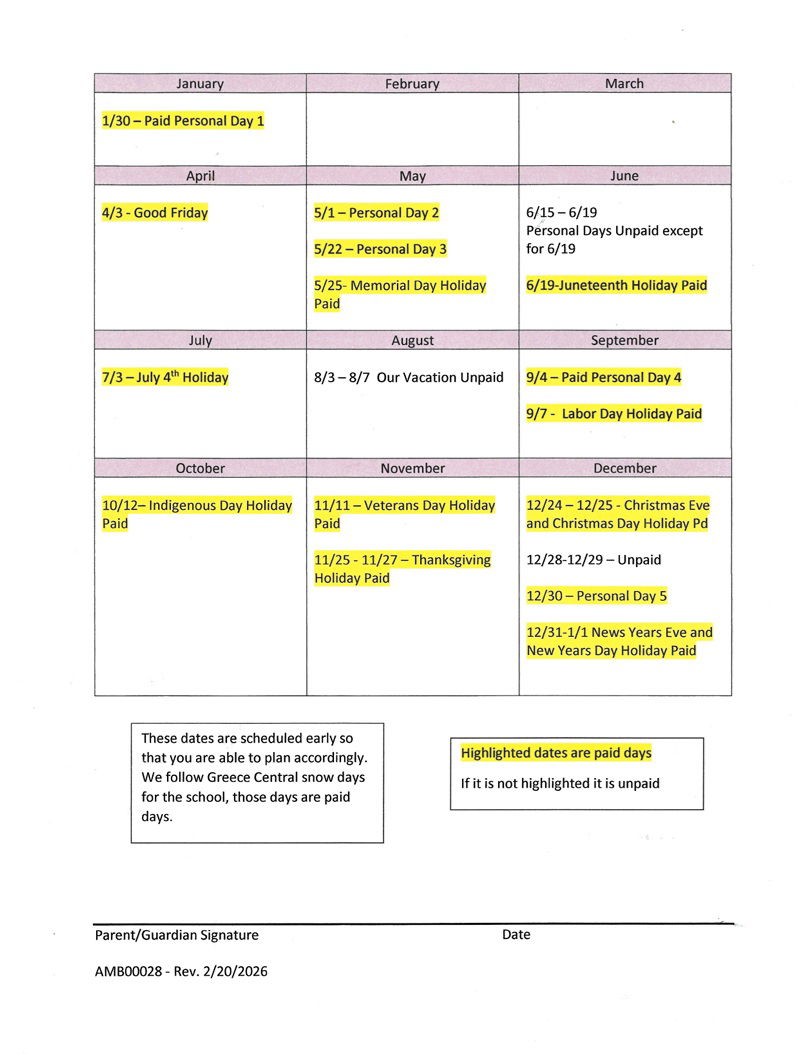 2026 HOLIDAY VACATION SCHEDULE