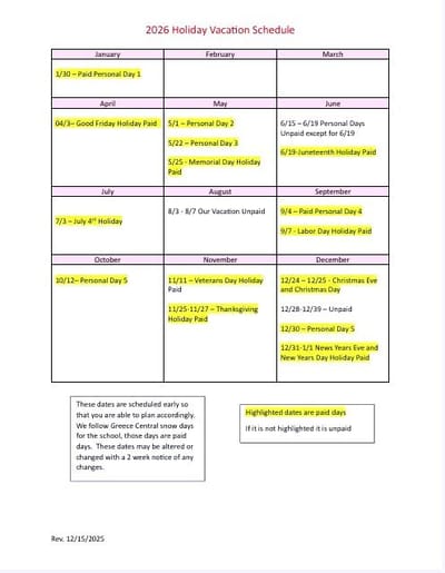 2025 HOLIDAY VACATION SCHEDULE
