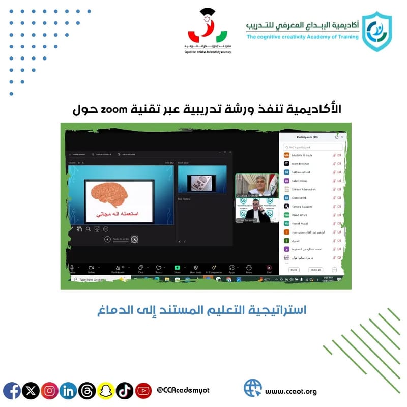 أكاديمية الإبداع المعرفي للتدريب تنظم ورشة تدريبية بعنوان: "استراتيجية التعليم المستند إلى الدماغ"
